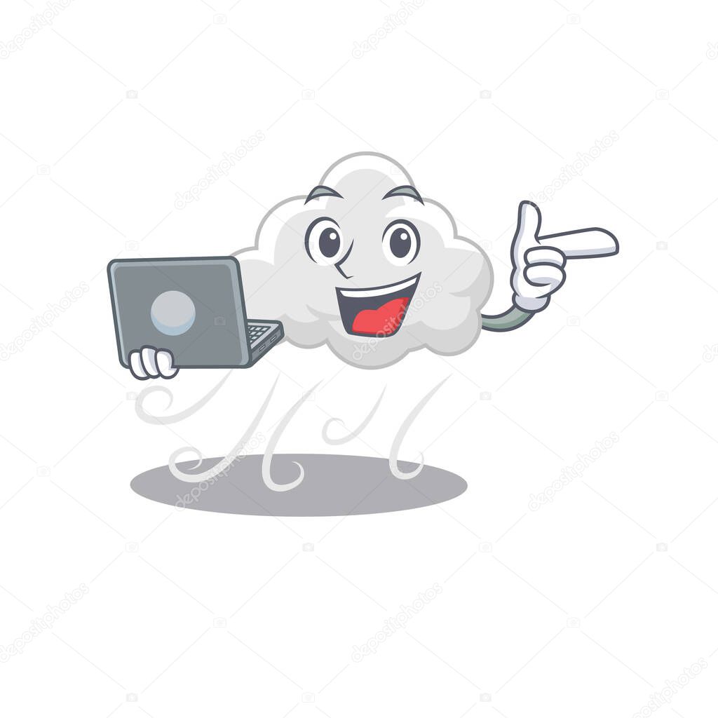 Cartoon character of cloudy windy clever student studying with a laptop. Vector illustration