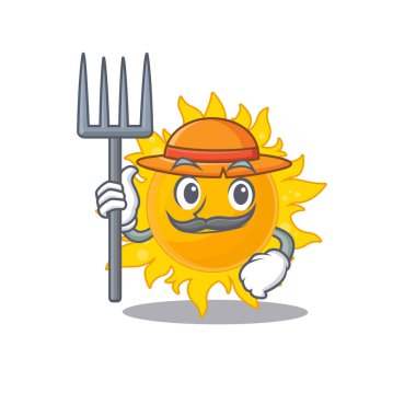 Çizgi film karakteri, yaz güneşinin şapkası ve yabası olan bir çiftçi tasarımı. Vektör illüstrasyonu