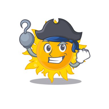 Kanca elli ve şapkalı bir korsan olarak yaz güneşi çizgi film tasarımı. Vektör illüstrasyonu