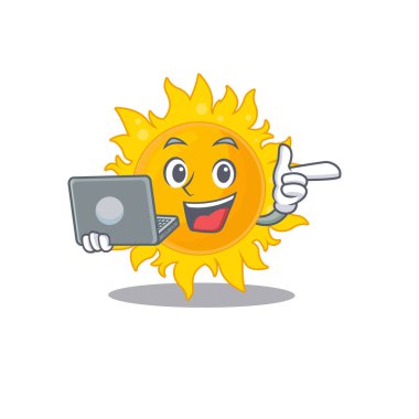 Çizgi film karakteri yaz güneşi zeki öğrenci bir dizüstü bilgisayarla çalışıyor. Vektör illüstrasyonu