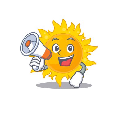 Yaz güneşinin megafonlu çizgi film karakteri. Vektör illüstrasyonu