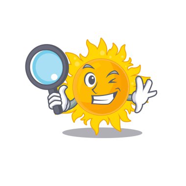 Yaz güneşinin akıllı dedektifi. Aletlerle maskot tasarımı. Vektör illüstrasyonu