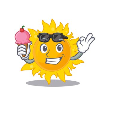 Çizgi film dizayn konsepti yaz güneşinin dondurma yemesi. Vektör illüstrasyonu