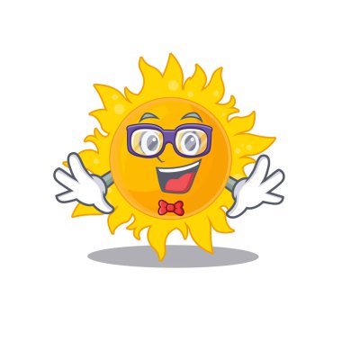 Maskot tasarım tarzı gözlüklü inek yaz güneşi. Vektör illüstrasyonu