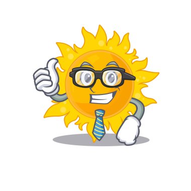 Gözlük ve kravat takan zarif bir yaz güneşi iş adamı maskotu tasarımı. Vektör illüstrasyonu