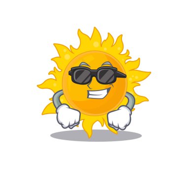 Pahalı siyah gözlük takan havalı yaz güneşi çizgi film karakteri. Vektör illüstrasyonu