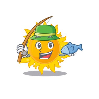 Karikatür tasarım konsepti yaz güneşi balık tutarken. Vektör illüstrasyonu