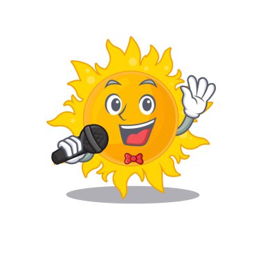 Yazın güneşi çizgi film karakterinin yetenekli şarkıcısı mikrofon tutuyor. Vektör illüstrasyonu