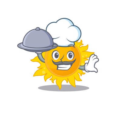 Yaz güneşi çizgi film karakteri tepside yemek servisi yapıyor. Vektör illüstrasyonu