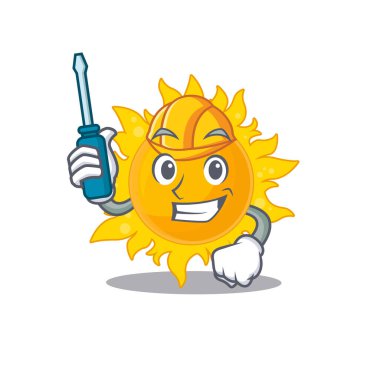 Yaz güneşinin çizgi film karakteri bir otomotiv olarak çalıştı. Vektör illüstrasyonu