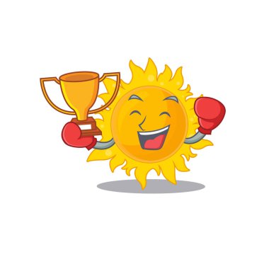 Yaz güneşi maskot tasarımı stilinde zarif bir boks şampiyonu. Vektör illüstrasyonu