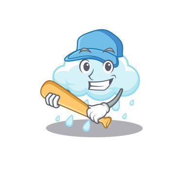 Bulutlu, yağmurlu bir çizgi film karakterinin beyzbol oynadığı resim. Vektör illüstrasyonu