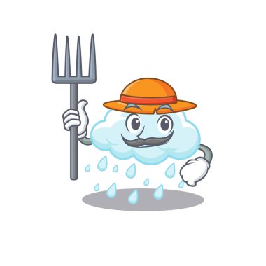 Bulutlu yağmurun çizgi film karakteri tasarımı şapkası ve yabası olan bir çiftçi gibi. Vektör illüstrasyonu