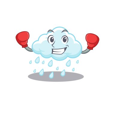 Kırmızı boks eldivenli, bulutlu yağmurlu, sportif bir boks maskotu tasarımı. Vektör illüstrasyonu