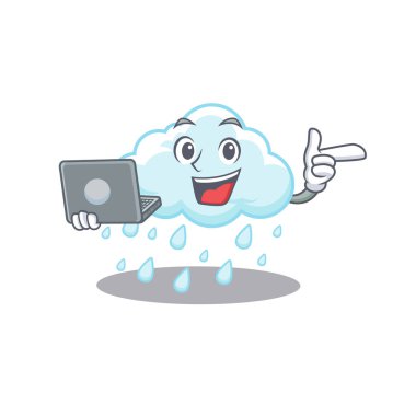 Bulutlu, yağmurlu, zeki öğrencinin dizüstü bilgisayarla çalışan çizgi film karakteri. Vektör illüstrasyonu