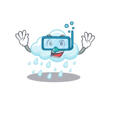 Bulutlu yağmurlu maskot tasarımı konsepti dalış gözlüğü takıyor. Vektör illüstrasyonu