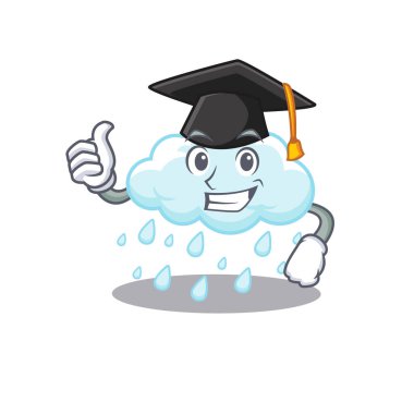 Tören için siyah mezuniyet şapkalı bulutlu yağmurlu suratın mutlu yüzü. Vektör illüstrasyonu