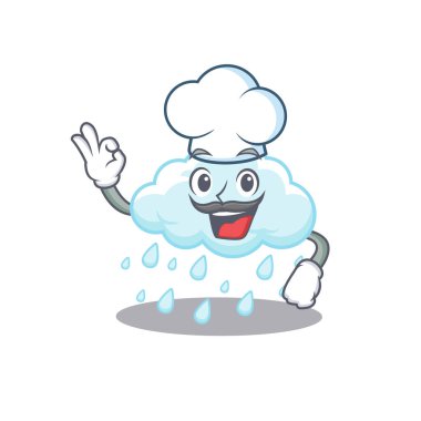 Bulutlu yağmurlu şef çizgi film tasarımı. Beyaz şapka takıyor. Vektör illüstrasyonu