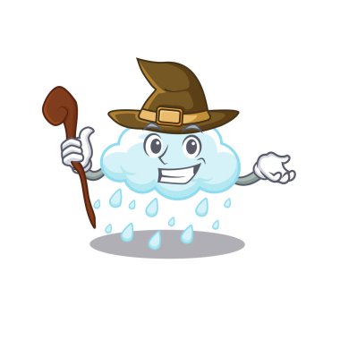 Bulutlu, yağmurlu, sinsi ve aldatıcı cadı çizgi film karakteri. Vektör illüstrasyonu