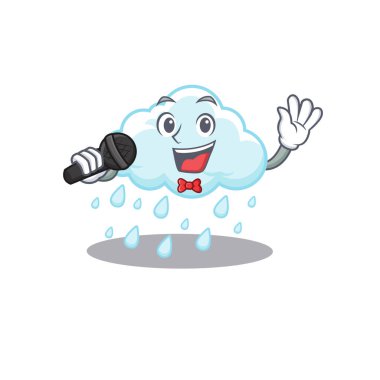 Bulutlu yağmurlu çizgi film karakterinin yetenekli şarkıcısı mikrofon tutuyor. Vektör illüstrasyonu