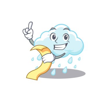 Bulutlu, yağmurlu, elinde menü olan karakter tasarımı. Vektör illüstrasyonu