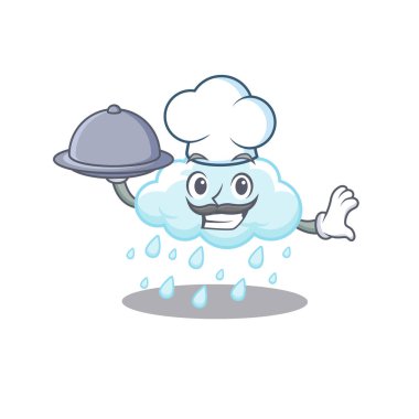 Bulutlu yağmurlu şef çizgi film karakteri tepside yemek servisi yapıyor. Vektör illüstrasyonu