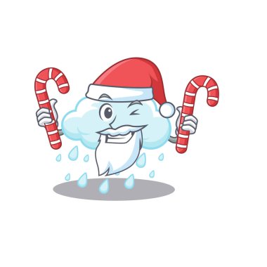 Santa Cartoon karakterindeki dostane bulutlu yağmur, Noel şekeri barındırıyor. Vektör illüstrasyonu
