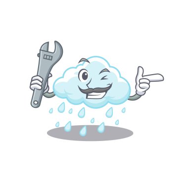 Bulutlu yağmurlu mekanik maskot tasarımı. Vektör illüstrasyonu