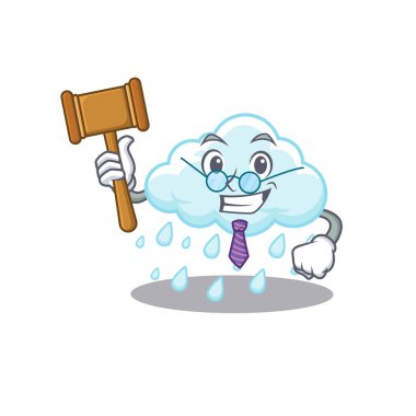 Bulutlu, yağmurlu çizgi film karakteri tasarımında gözlük takan mütevazı bir yargıç. Vektör illüstrasyonu