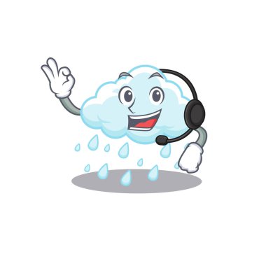 Kulaklık takan muhteşem, bulutlu, yağmurlu bir maskot karakteri. Vektör illüstrasyonu