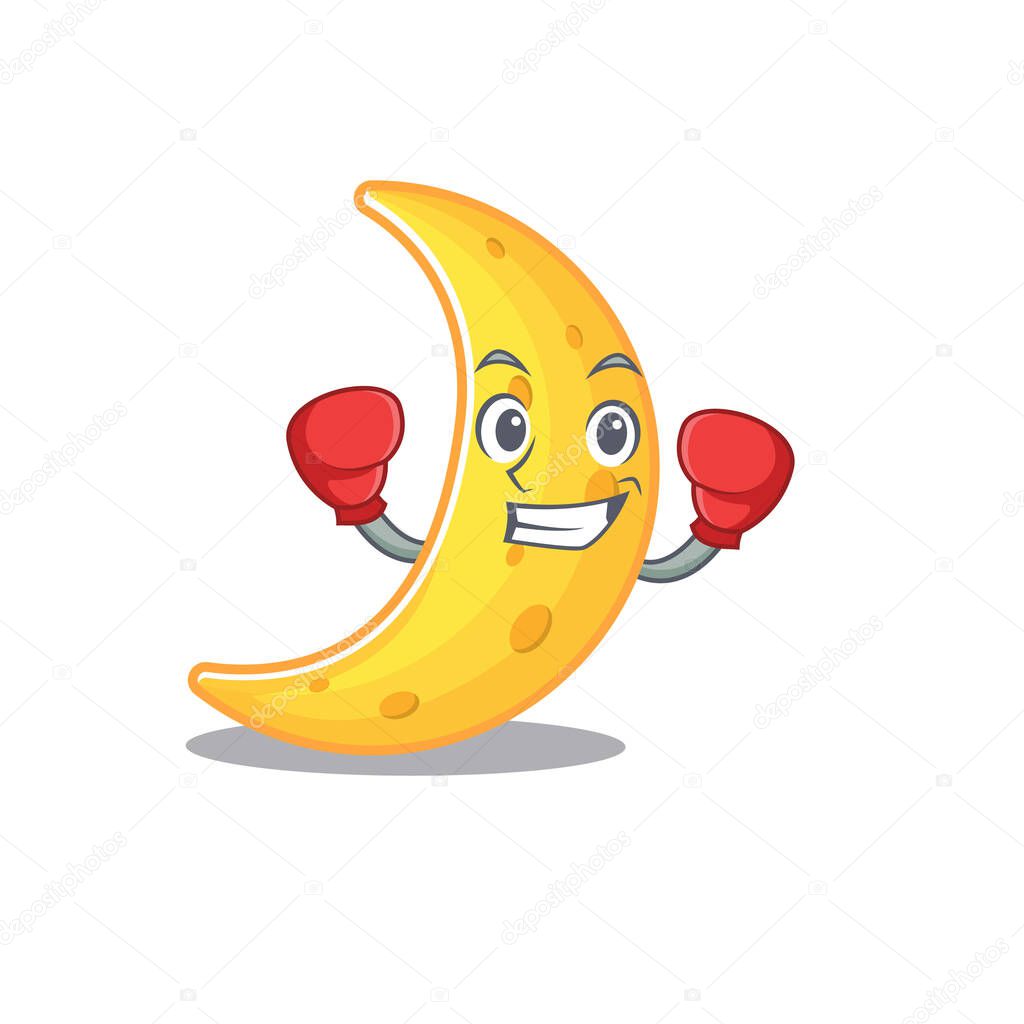A sporty boxing athlete mascot design of crescent moon with red boxing gloves