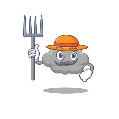 Şapkası ve yabası olan bir çiftçi olarak gri bulutun çizgi film karakteri tasarımı