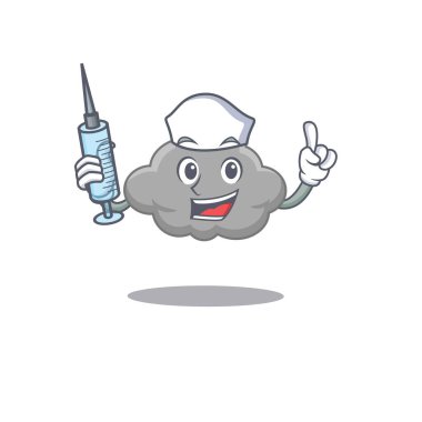 Gri bulut maskotu tasarımlı, şırıngalı hoş bir hemşire.