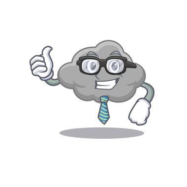 Zarif bir gri bulut iş adamı maskot tasarımı gözlük ve kravat takıyor.