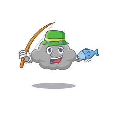 Balık tutarken gri bulut çizgi film tasarımı kavramı