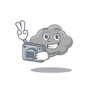 Gri bulut maskotu tasarımı profesyonel bir fotoğrafçı olarak çalışıyor.