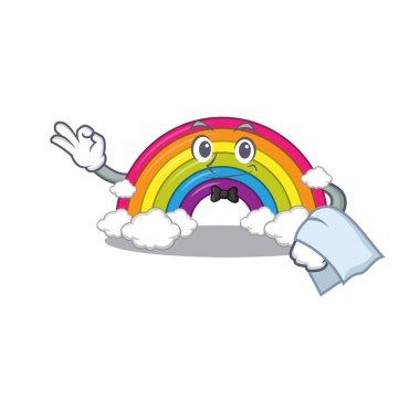 Restoranda çalışan gökkuşağı garsonunun çizgi film karakteri. Vektör illüstrasyonu