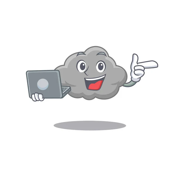 Personaje de dibujos animados de estudiante inteligente nube gris estudiando con un ordenador portátil — Vector de stock
