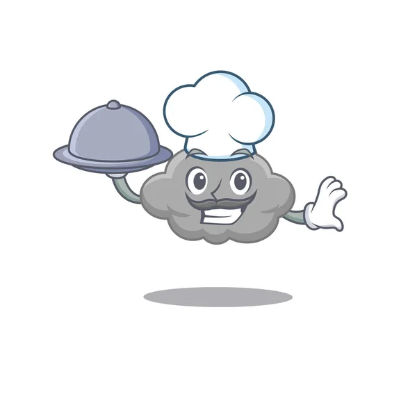 Nuvem cinza chef personagem cartoon servindo comida na bandeja — Vetor de Stock