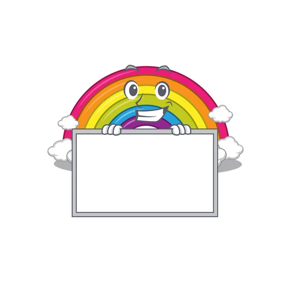 Smiling rainbow cartoon design style has a board — Stock Vector