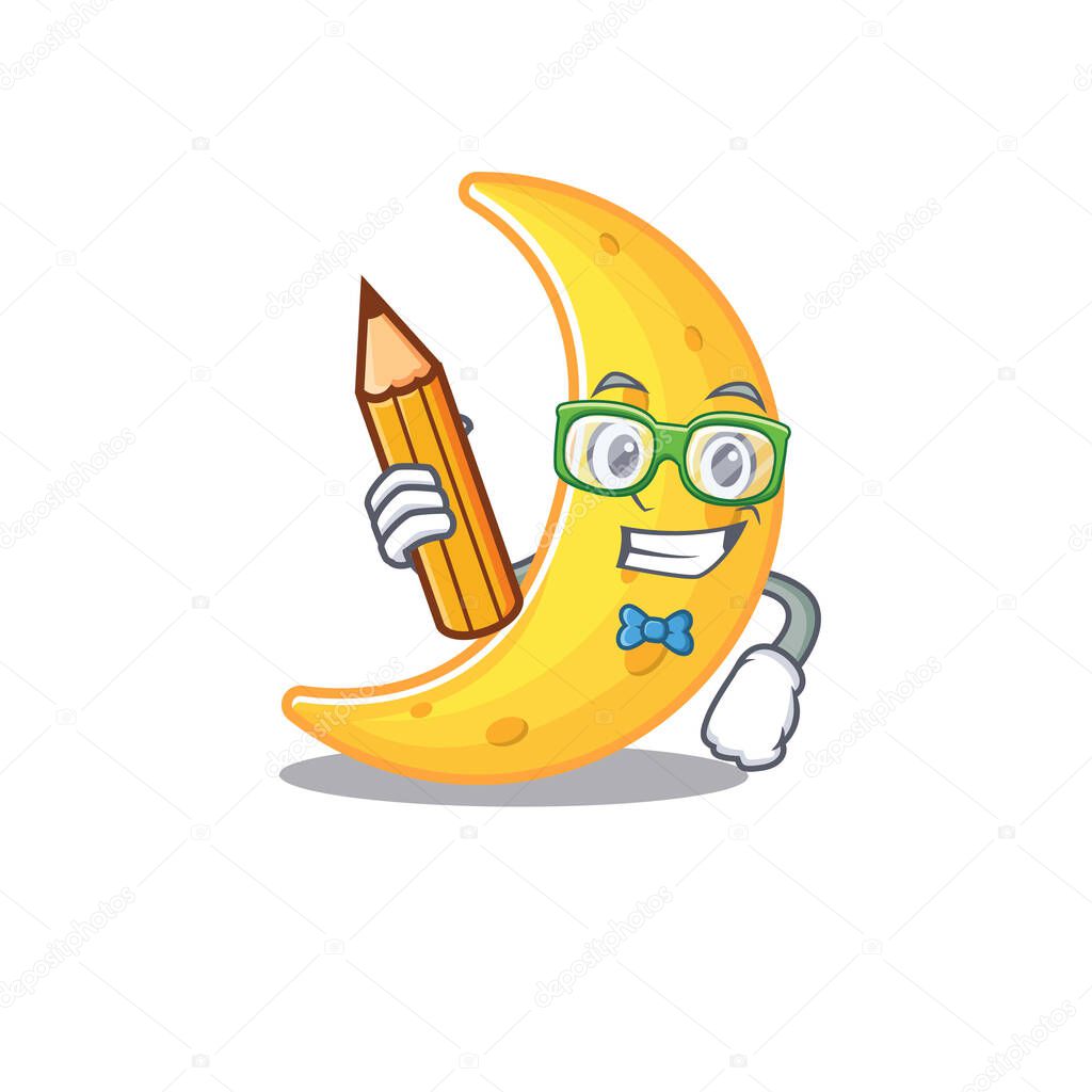 A brainy student crescent moon cartoon character with pencil and glasses