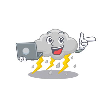 Bulutlu, zeki öğrencinin dizüstü bilgisayarla çalışan çizgi film karakteri. Vektör illüstrasyonu