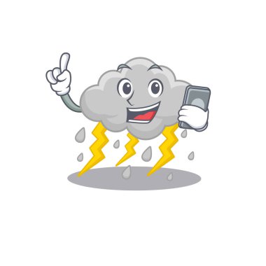 Bulut fırtınası çizgi film karakteri telefonda konuşuyor. Vektör illüstrasyonu