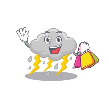 Zengin ve ünlü bulut fırtınalı çizgi film karakteri alışveriş torbaları tutuyor. Vektör illüstrasyonu