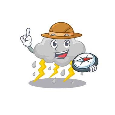 Bulut fırtınası kaşifinin pusula ile maskot tasarımı konsepti. Vektör illüstrasyonu