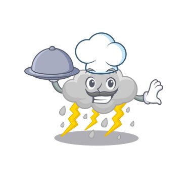 Bulut fırtınası aşçısı çizgi film karakteri tepside yemek servisi yapıyor. Vektör illüstrasyonu