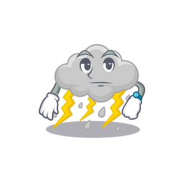 Bulutlu fırtınanın maskot tasarımı bekleme hareketi gösteriyor. Vektör illüstrasyonu