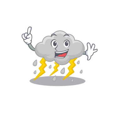 Bulut fırtınalı maskot tasarımı ve bir parmak hareketi. Vektör illüstrasyonu