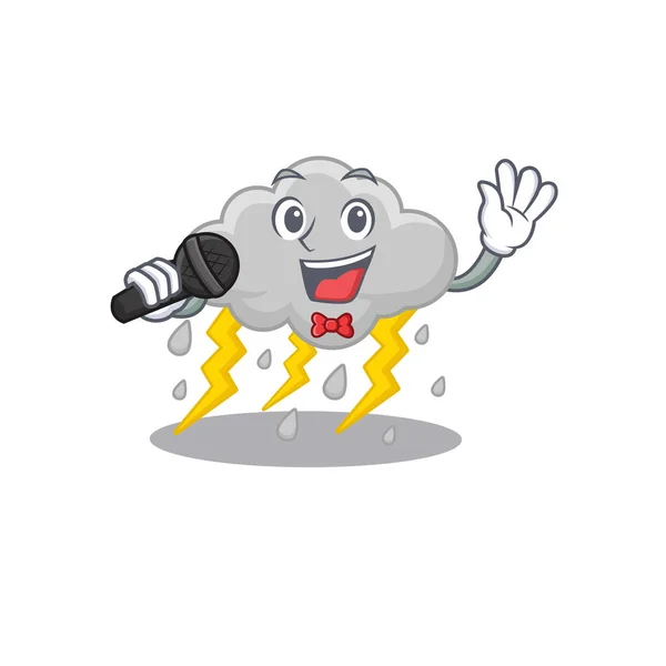 Talentoso Cantante Nube Personaje Dibujos Animados Tormentoso Sosteniendo Micrófono Ilustración — Vector de stock