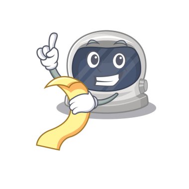 Astronot miğferi, elinde menü olan maskot tasarımı.